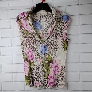 Caviar Sleeveless Floral Print Pleated Shirt Large